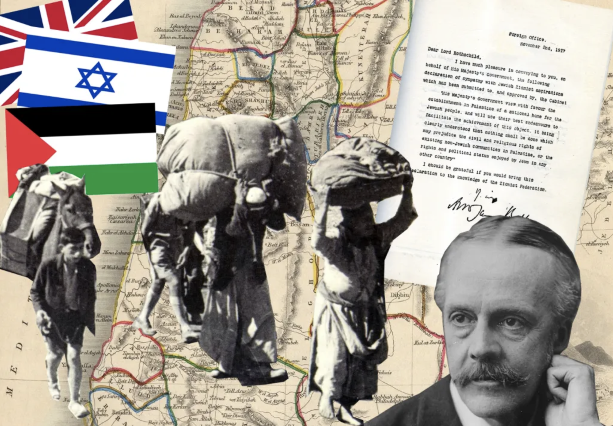 Collage including a historic map of Palestine, Arthur Balfour, his declaration letter, and Palestinian refugees being expelled in 1948 Credit: WCH/Wikimedia Commons